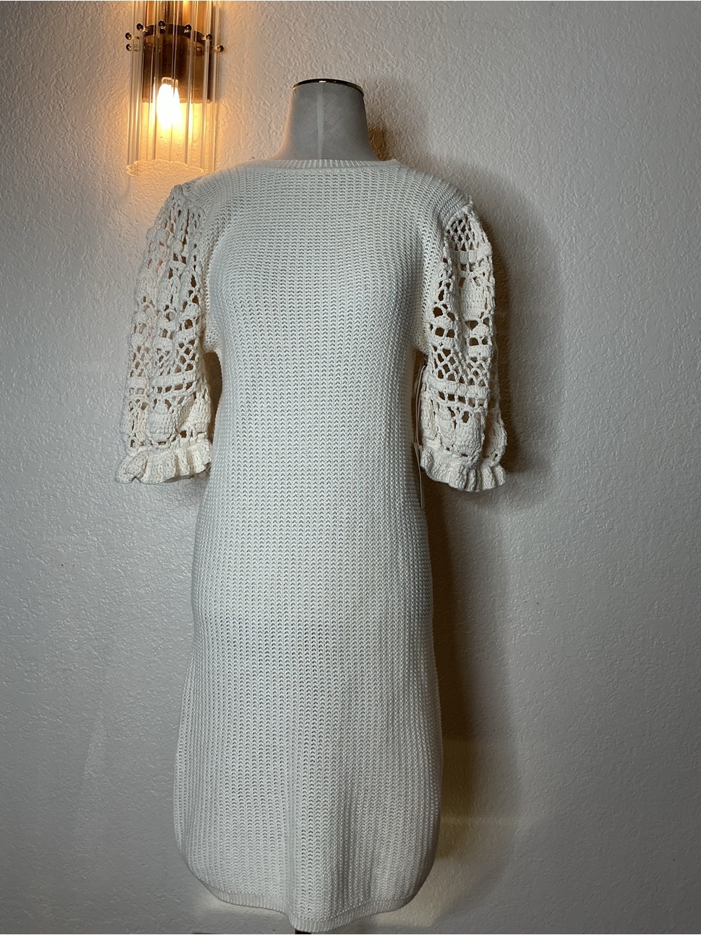 Tularosa Cream Crochet Sleeve Knit Midi Dress